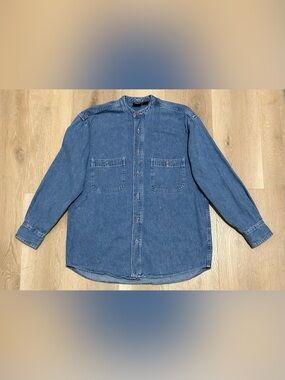 Vintage 90’s Warner Bros. Men's Blue Denim Band-Collar Shirt Jacket